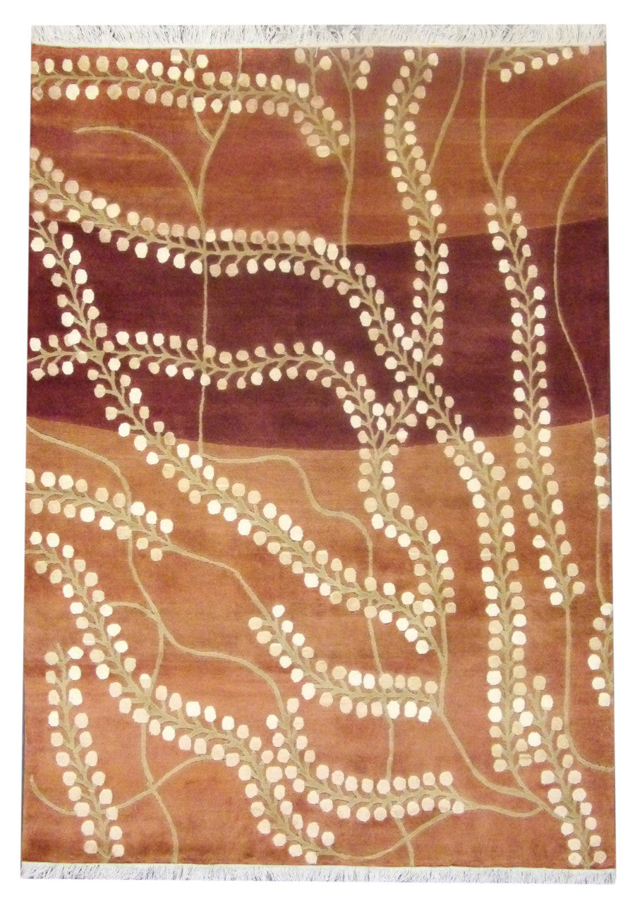 Tibetan Carved French Leaves Design hand-knotted wool-silk rug in Gold & Rust, full view