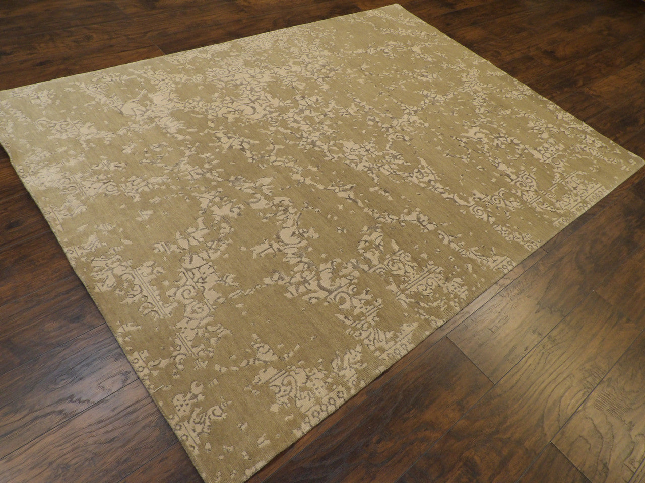 Broken damask pattern detail, beige and gray wool-silk rug