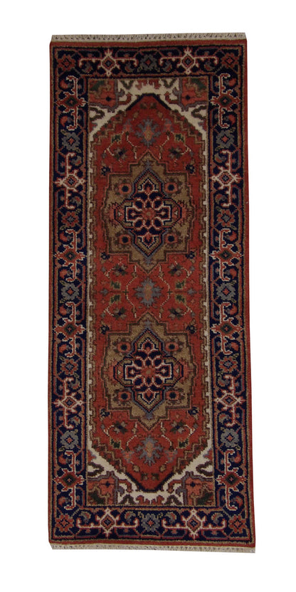 Tribal Indo Heriz hand-knotted wool rug in Rust, full view