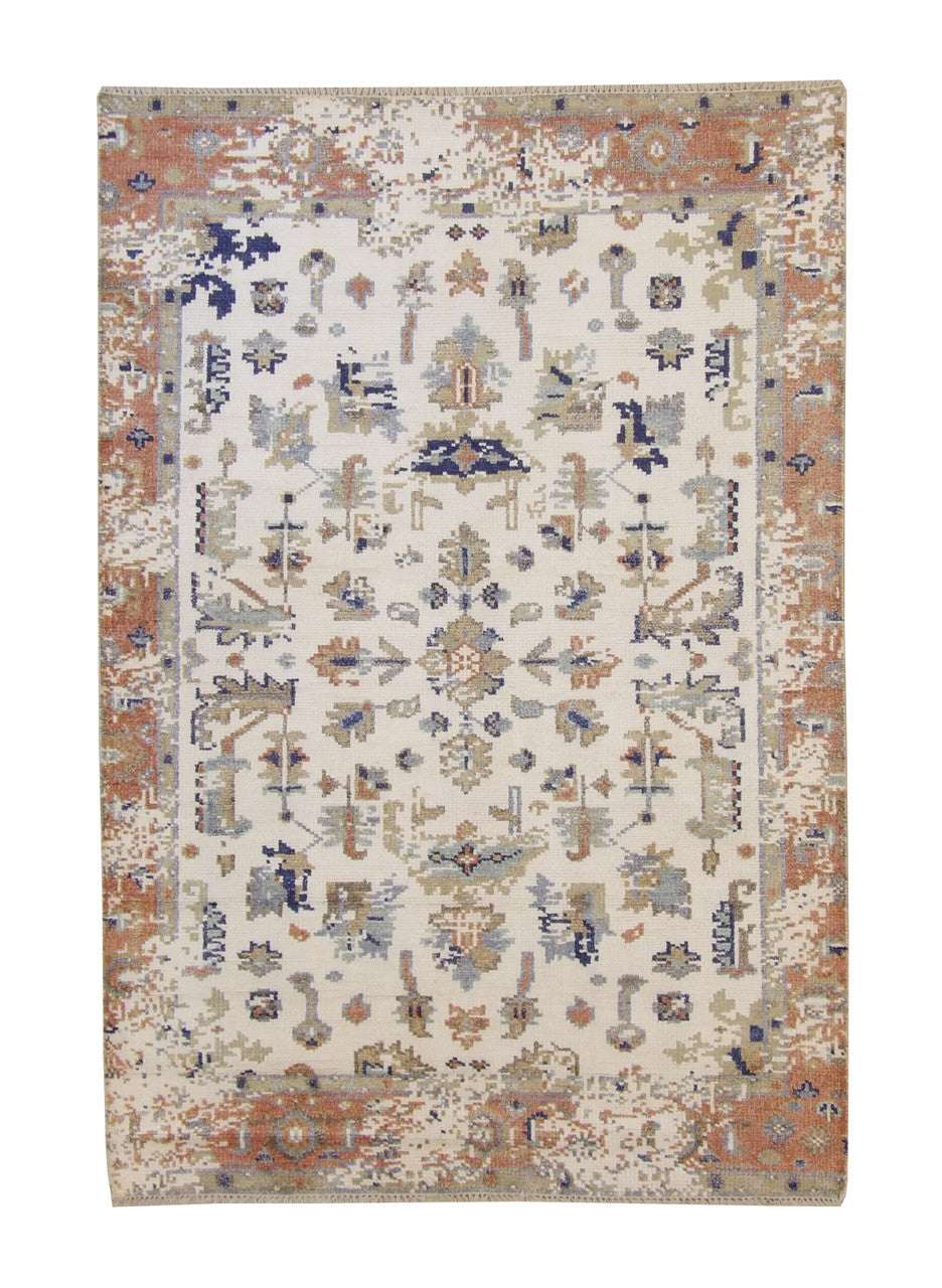 Modern Broken Heriz Design hand-knotted silk rug in Rust & White, full view