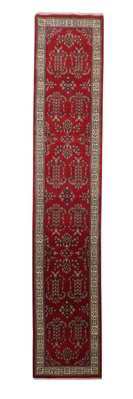 Traditional Fine Indo Sharukh hand-knotted wool rug in Beige & Red, full view
