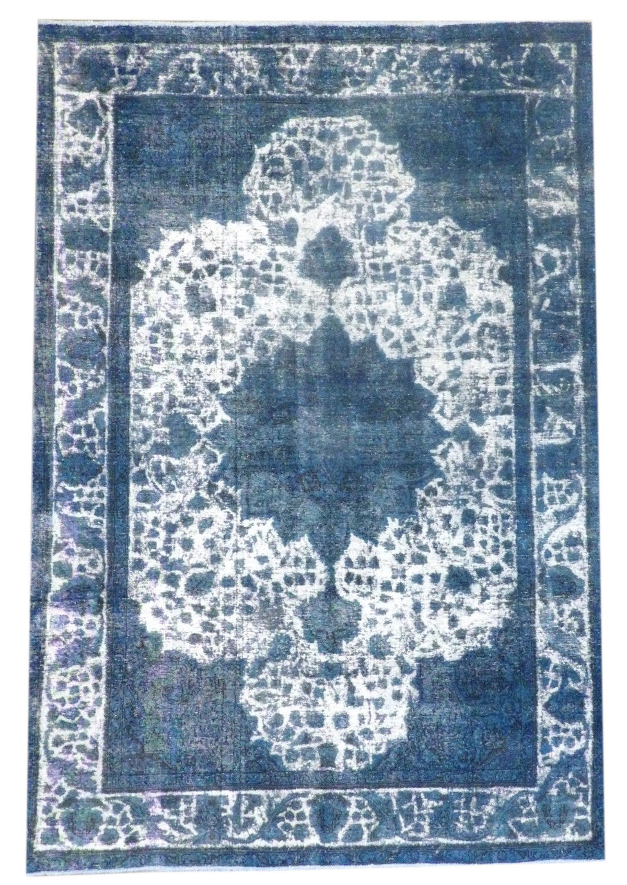 Overdye vintage Persian hand-knotted wool rug in teal, shaved wash, full view