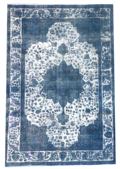 Overdye vintage Persian hand-knotted wool rug in teal, shaved wash, full view