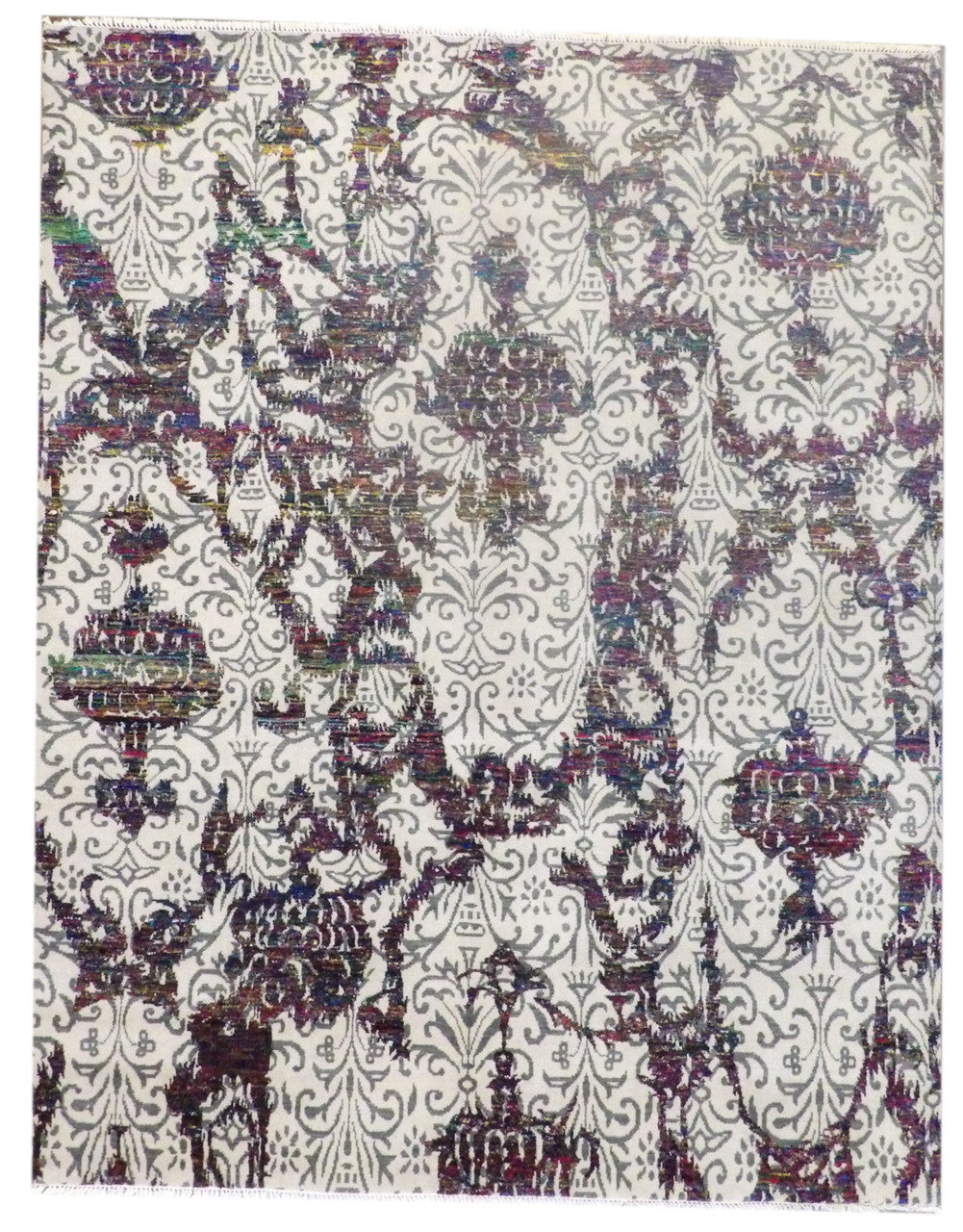 Transitional oxidized sari silk damask hand-knotted rug in beige and red, full view