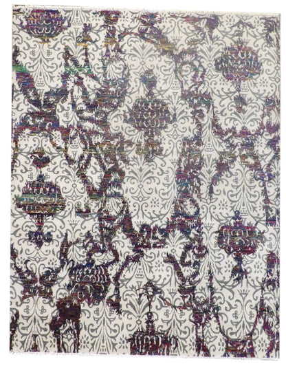 Transitional oxidized sari silk damask hand-knotted rug in beige and red, full view