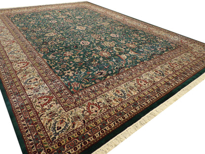 Green Kashan rug in a formal dining room setting