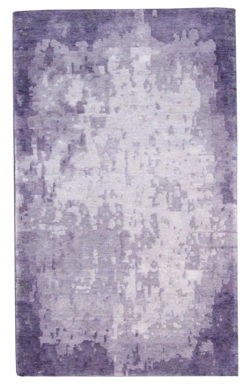 Modern abstract hand-knotted wool-silk rug in gray and purple, full view
