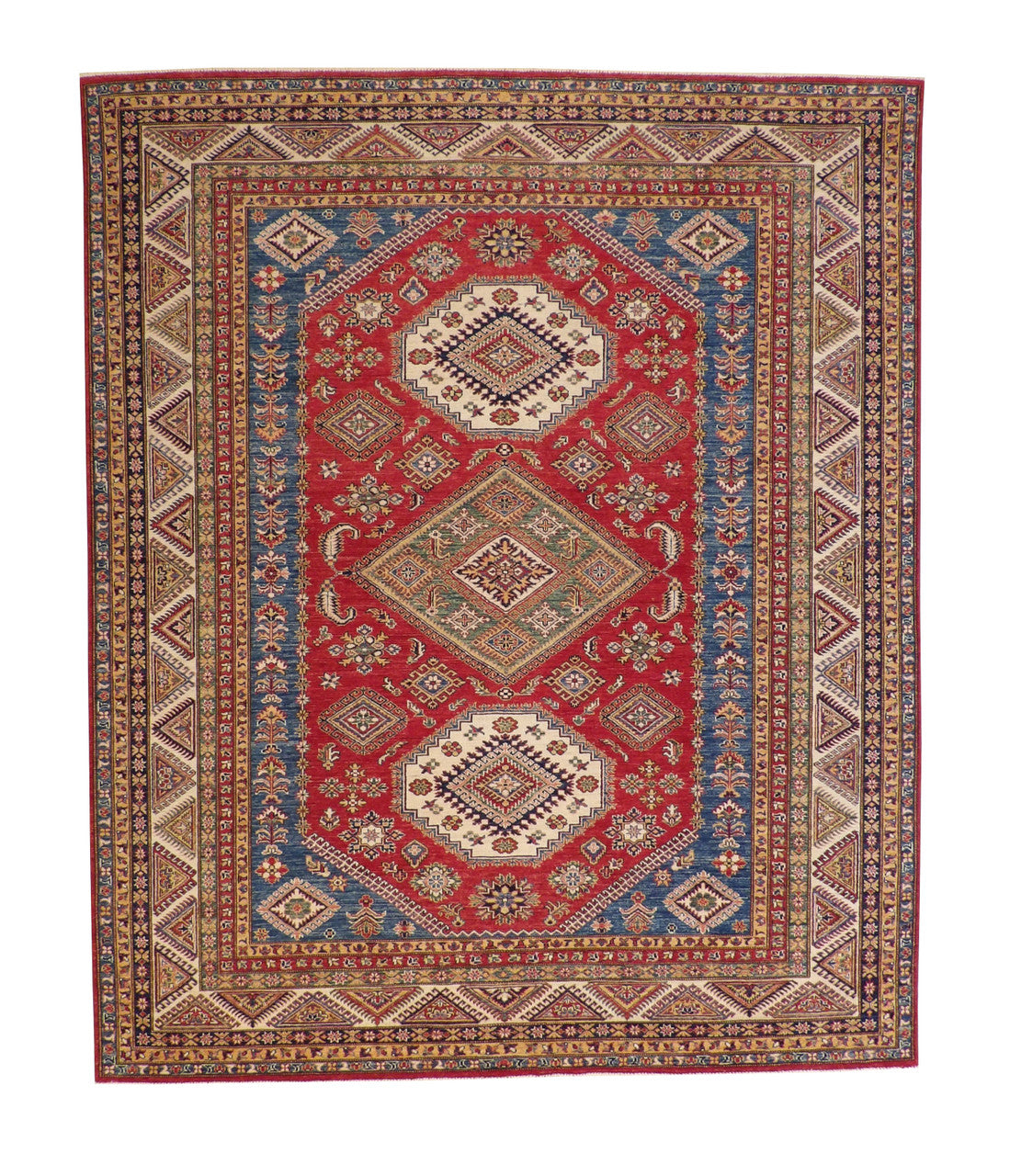 Tribal Super Kazak hand-knotted wool rug in Red, Ivory, Rust & Beige, full view