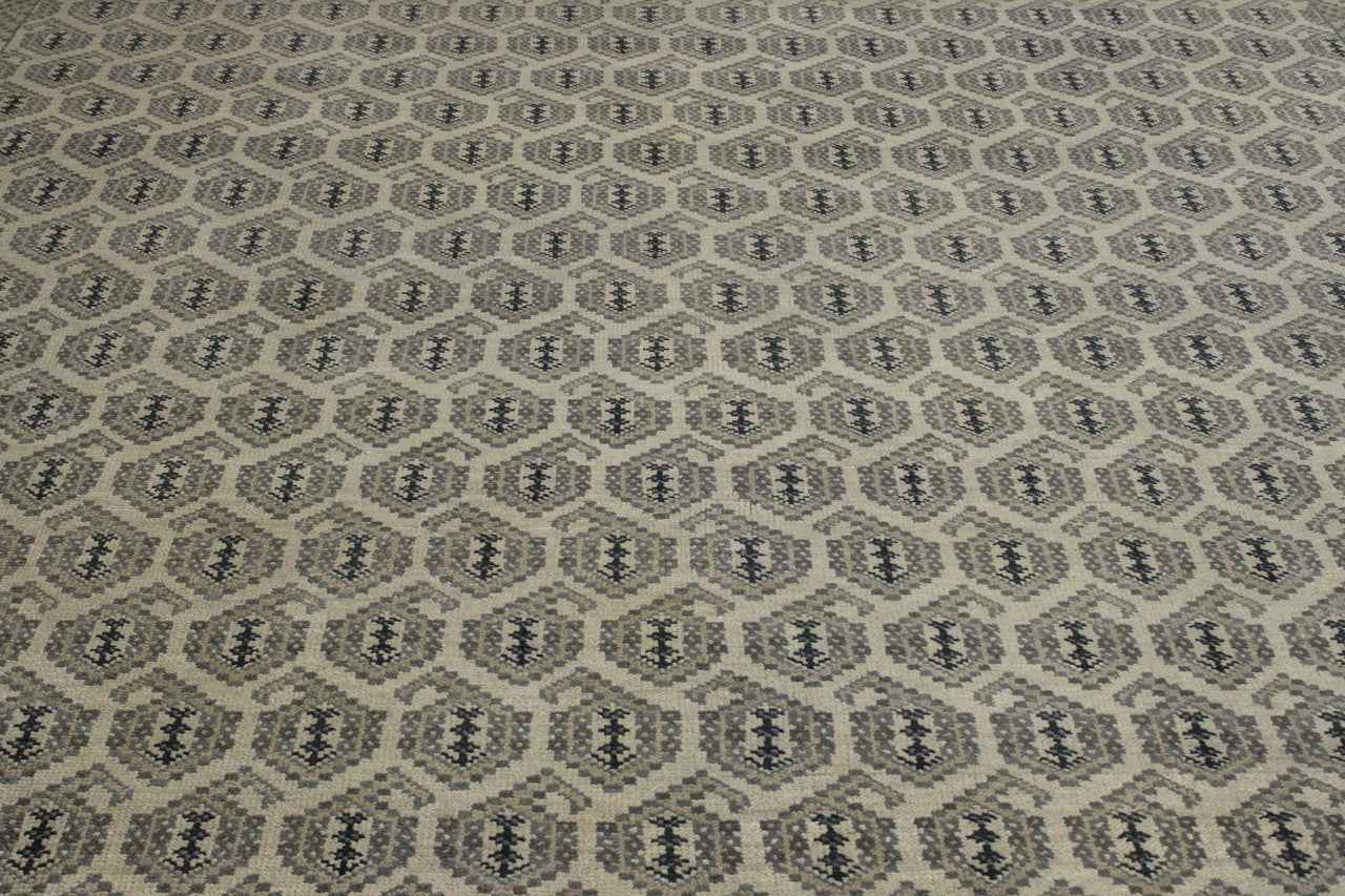 Gray & Beige Oushak Silverwash Paisley Design rug in room setting