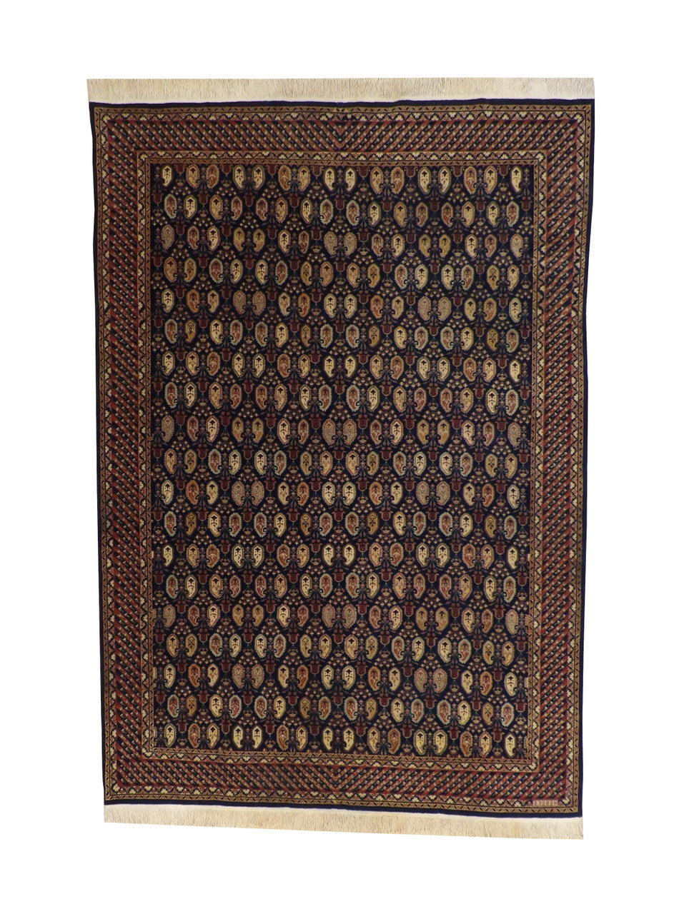Traditional Fine Pesley Heraki hand-knotted wool rug in Blue & Rust, full view