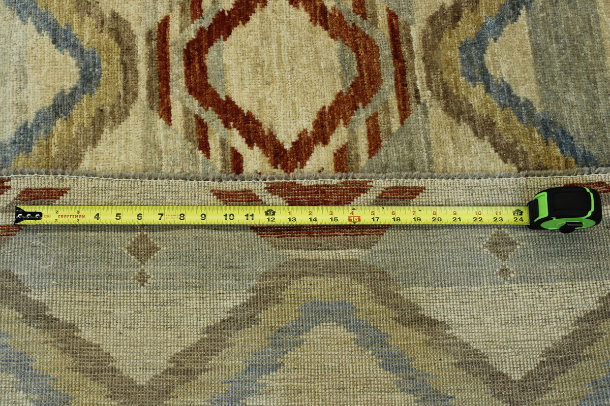 Tribal Moroccan Design hand-knotted wool rug in Blue & Rust, full view