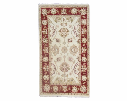 Agra Ziegler hand-knotted wool rug in beige and red, full view, 2x4