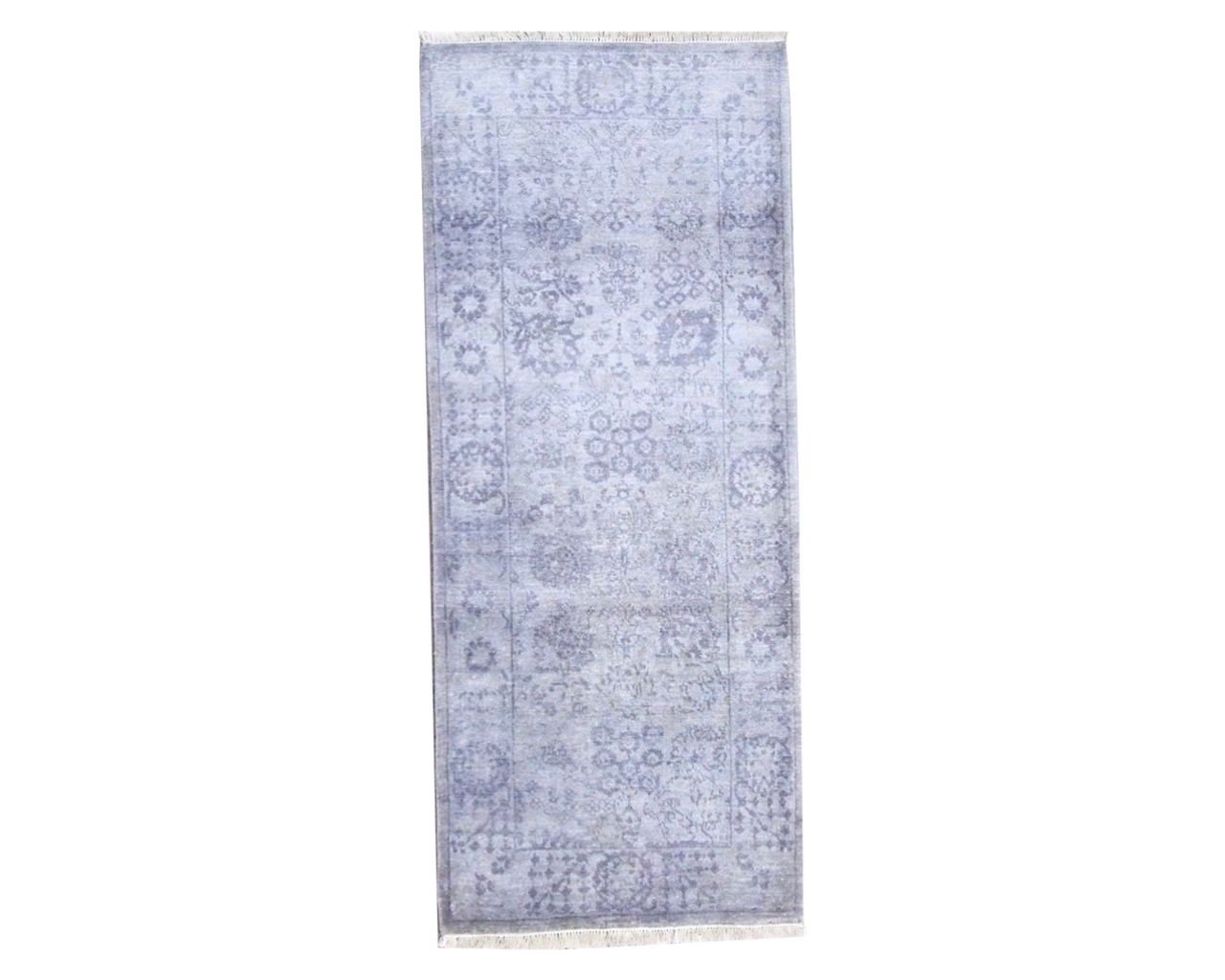Oushak hand-knotted wool-silk runner in blue and gray, full view