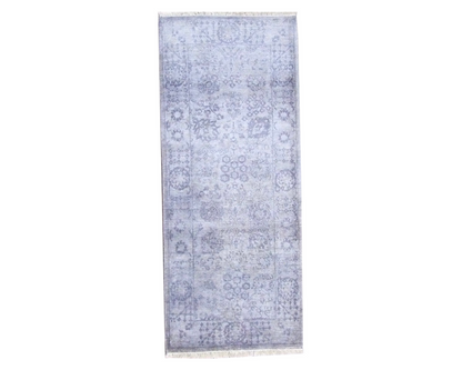 Oushak hand-knotted wool-silk runner in blue and gray, full view