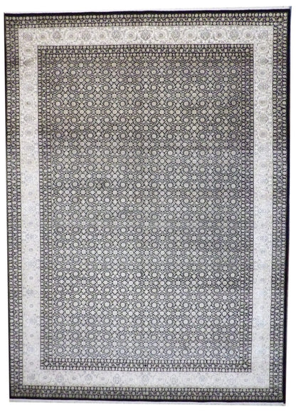 Fine Persian Mir hand-knotted wool-silk rug in black and white, full view
