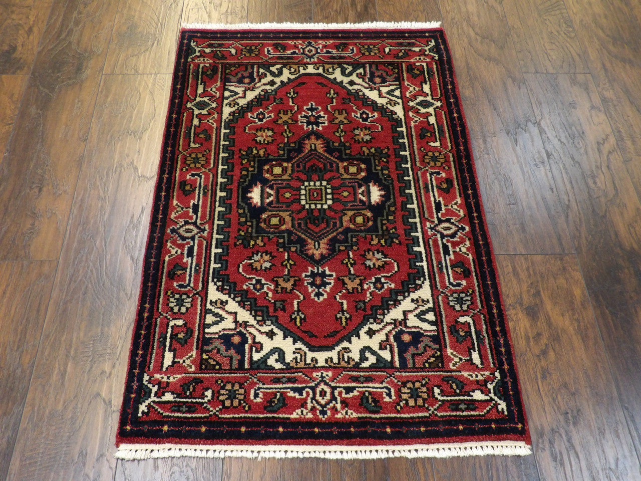 Back of hand-knotted Tribal Heriz rug showing construction