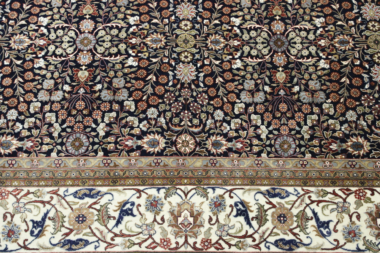 Close-up of wool-silk pile, Blue & Beige rug
