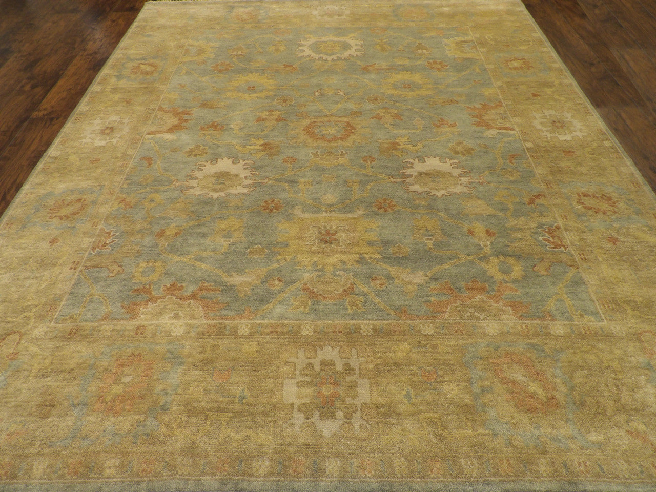 Back of hand-knotted Turkish Oushak rug showing construction