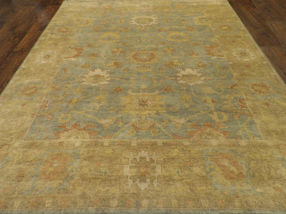 Back of hand-knotted Turkish Oushak rug showing construction
