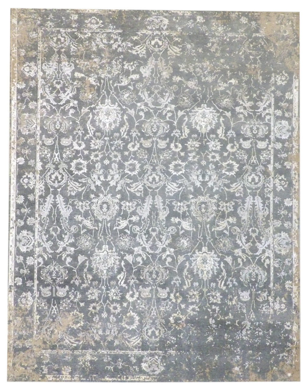 Vintage Erase Design Low Pile Antique Wash hand-knotted wool-silk rug in Gold & Green, full view
