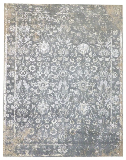 Vintage Erase Design Low Pile Antique Wash hand-knotted wool-silk rug in Gold & Green, full view