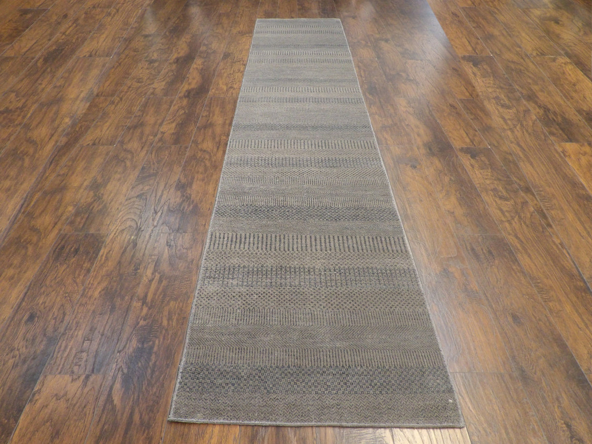 Close-up of wool-silk pile, blue and gray runner