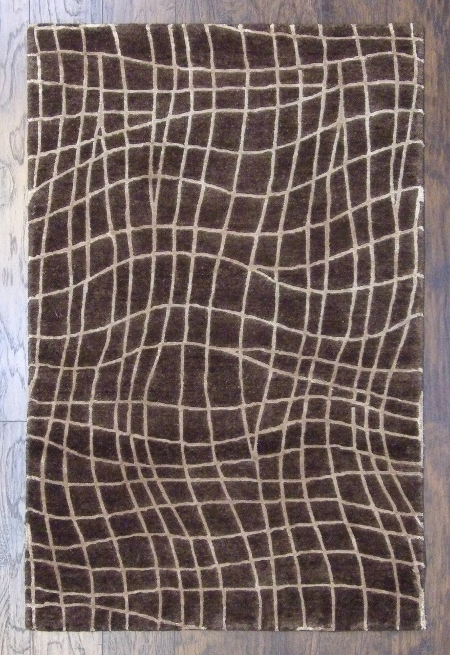 Modern Geometrical Design hand-knotted wool-silk rug in Brown & Beige, full view