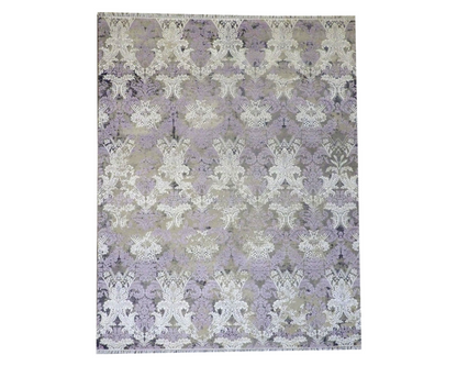 Transitional Abstract Oxidized Design hand-knotted wool-silk rug in Gray & Purple, full view