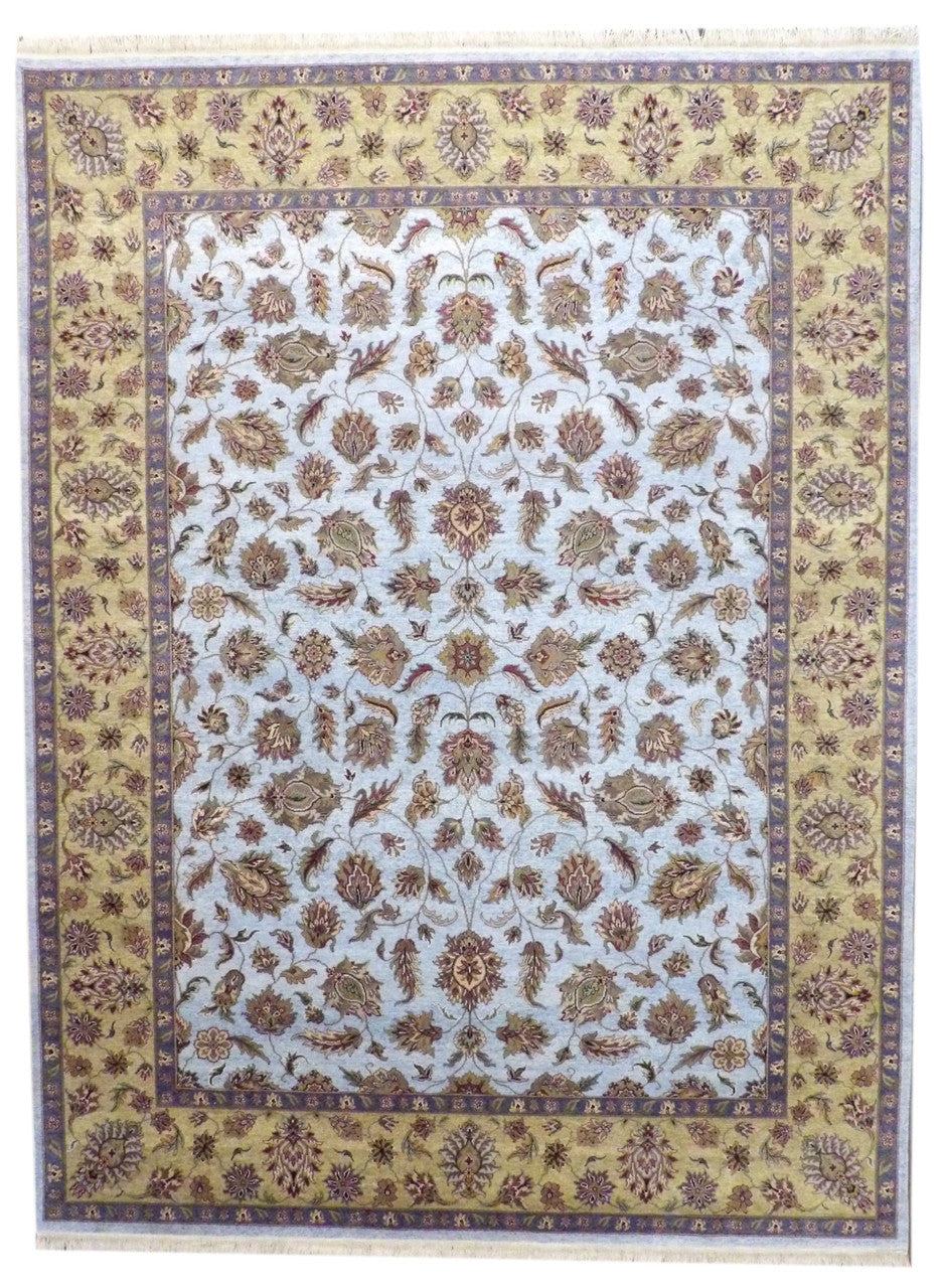 Fine Kashan Tie Dye hand-knotted wool rug in Blue & Gold, full view