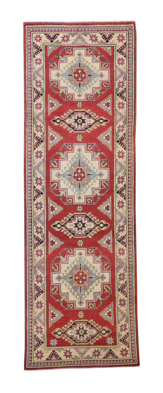 Tribal Super Kazak hand-knotted wool rug in Beige & Rust, full view