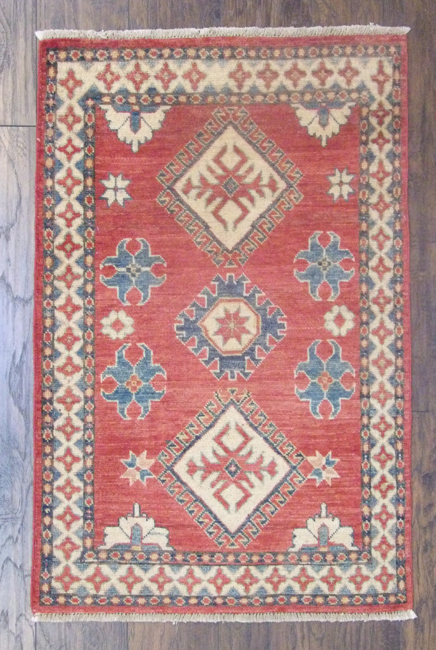 Tribal Super Kazak Natural Dye hand-knotted wool rug in Beige & Red, full view