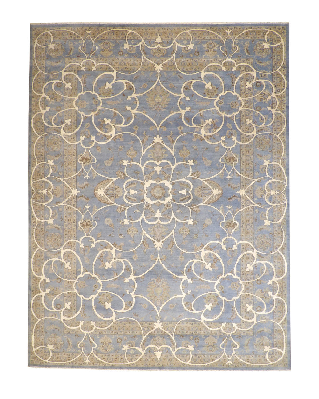 Traditional Agra Ziegler Chobi hand-knotted wool rug in Blue & Brown, full view