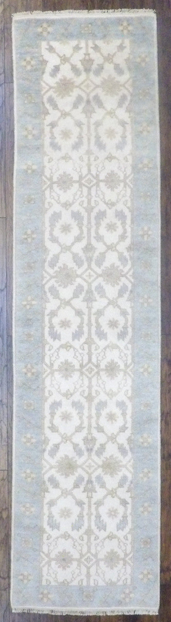 Turkish Oushak hand-knotted wool runner in blue and ivory, full view