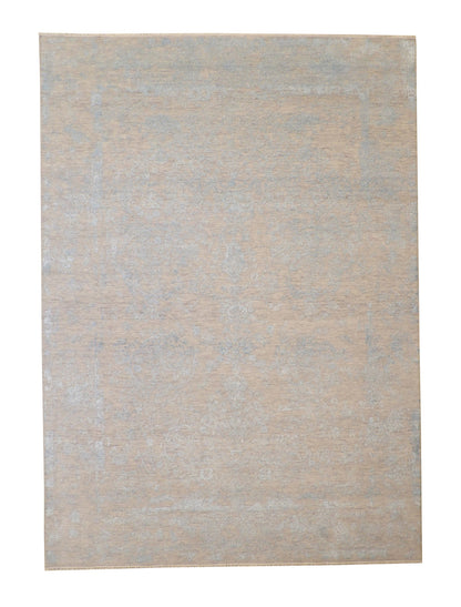 Transitional Abstract Broken Design hand-knotted wool-silk rug in Blue & Gray, full view
