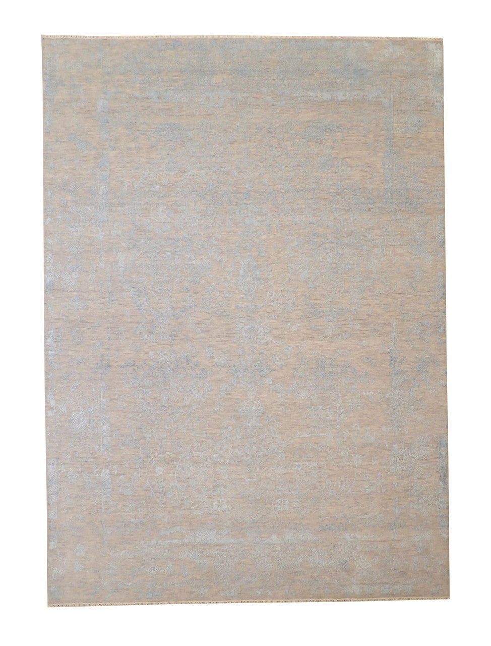 Transitional Abstract Broken Design hand-knotted wool-silk rug in Blue & Gray, full view