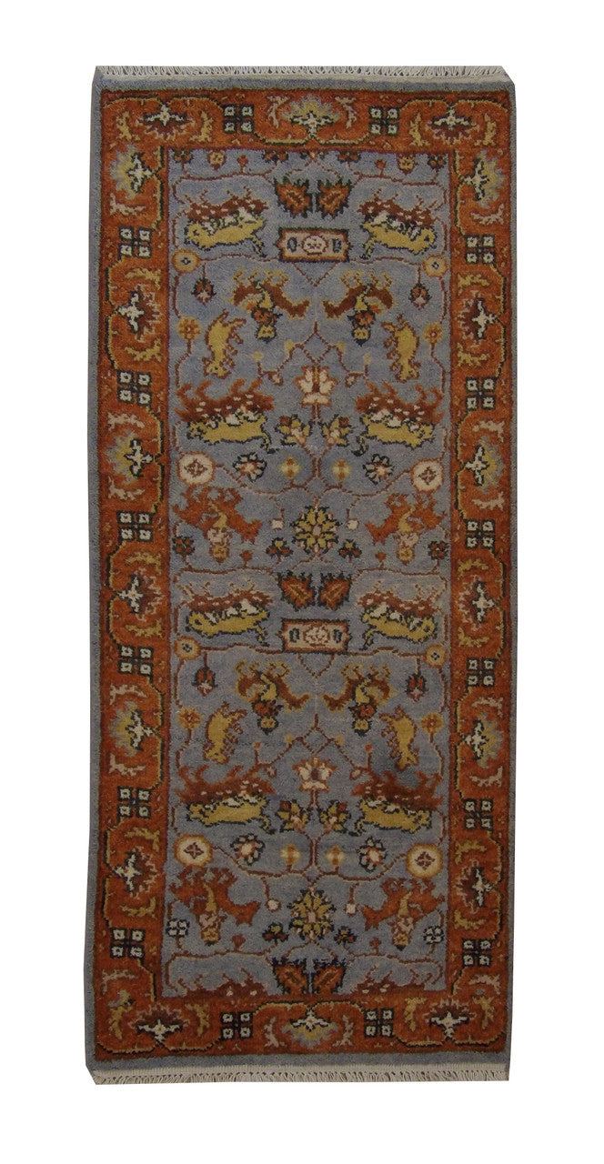 Tribal Indo Heriz hand-knotted wool rug in Blue, full view