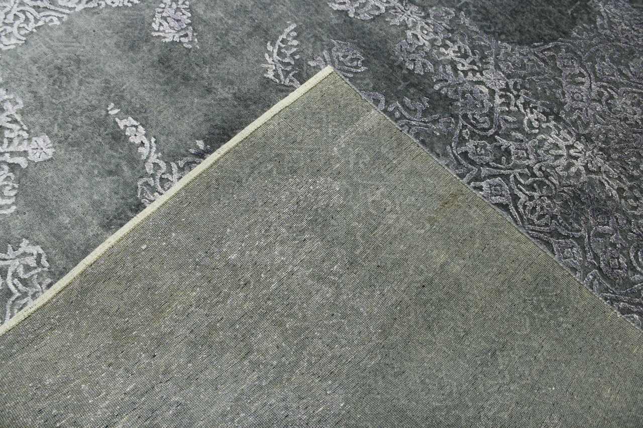 Modern Abstract Broken Design hand-knotted wool-silk rug in Gray & Silver, full view