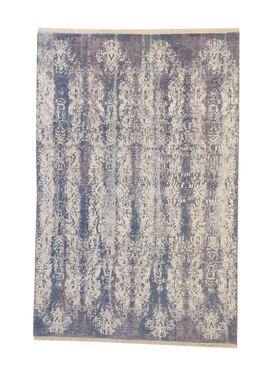 Modern Abstract Ikat Design hand-knotted wool-silk rug in Blue & Gray, full view
