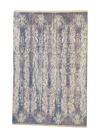 Modern Abstract Ikat Design hand-knotted wool-silk rug in Blue & Gray, full view
