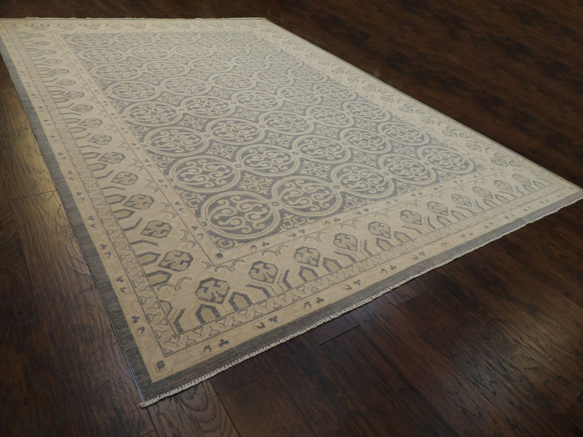 Beige and blue Khotan rug in a great room setting