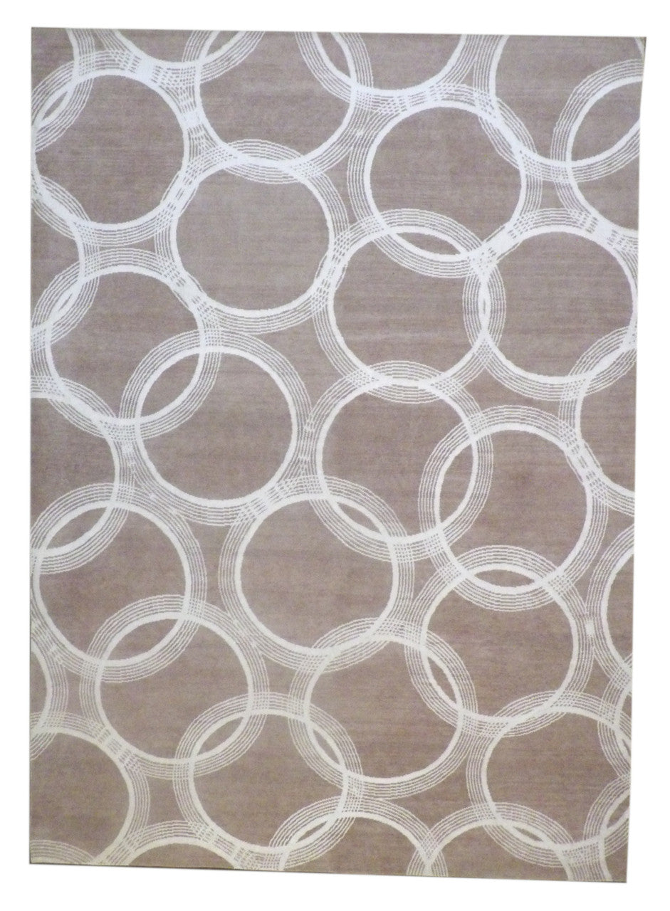 Modern Nepalese Circle Design hand-knotted wool-silk rug in Beige & Purple, full view