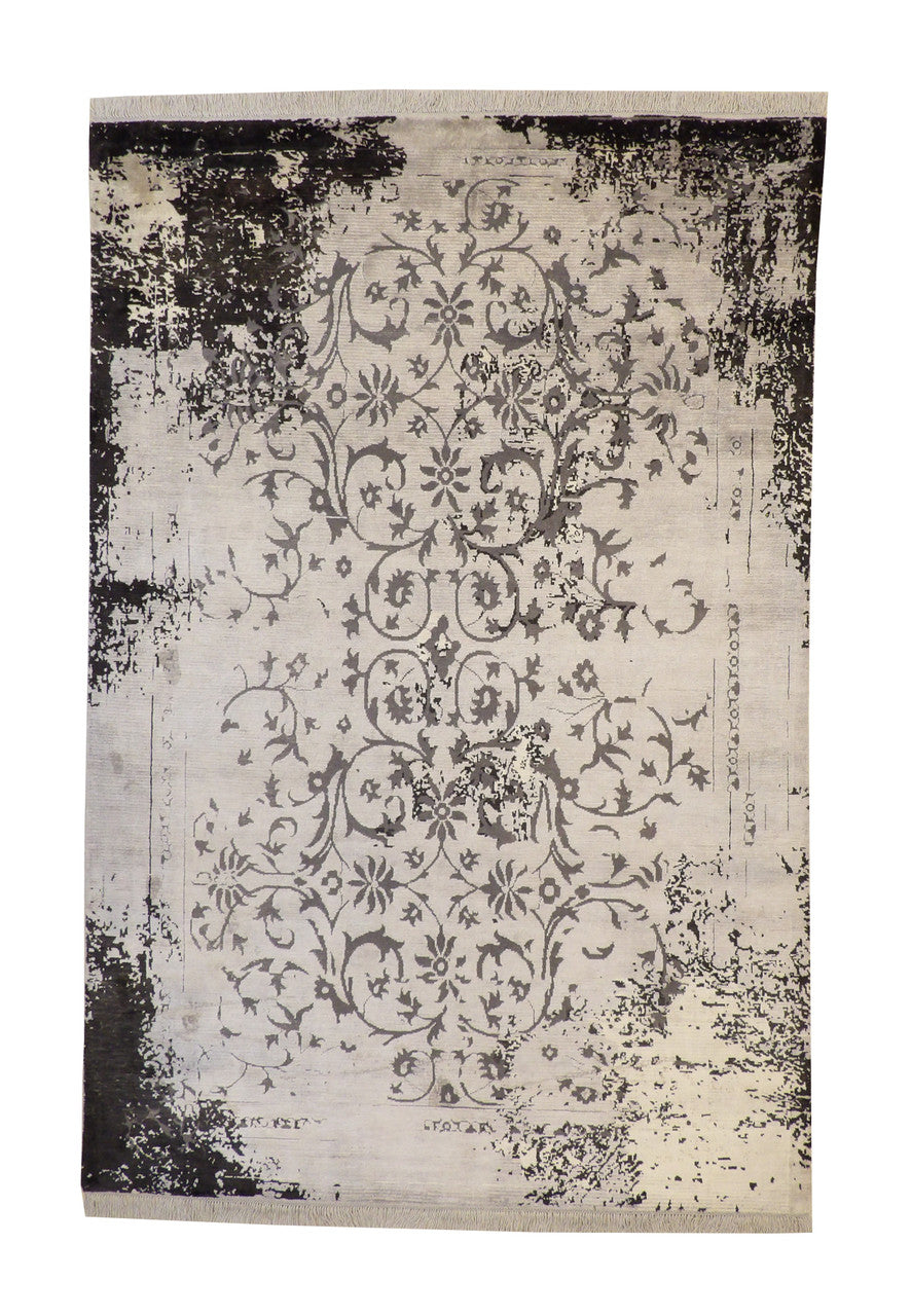 Transitional Broken Floral Design hand-knotted wool-silk rug in Black & Gray, full view