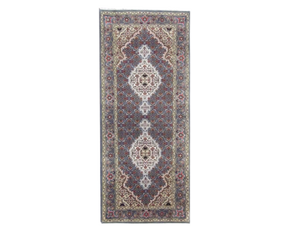Persian Mahi Tabriz hand-knotted wool runner in teal, full view