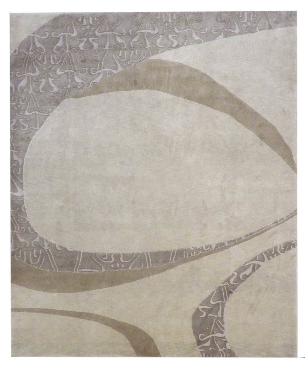 Modern curve design hand-knotted wool rug in brown and beige, full view