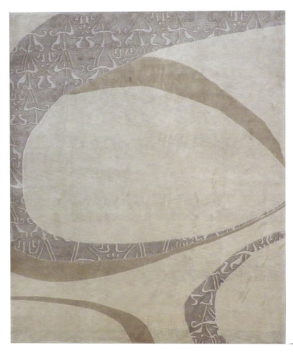 Modern curve design hand-knotted wool rug in brown and beige, full view