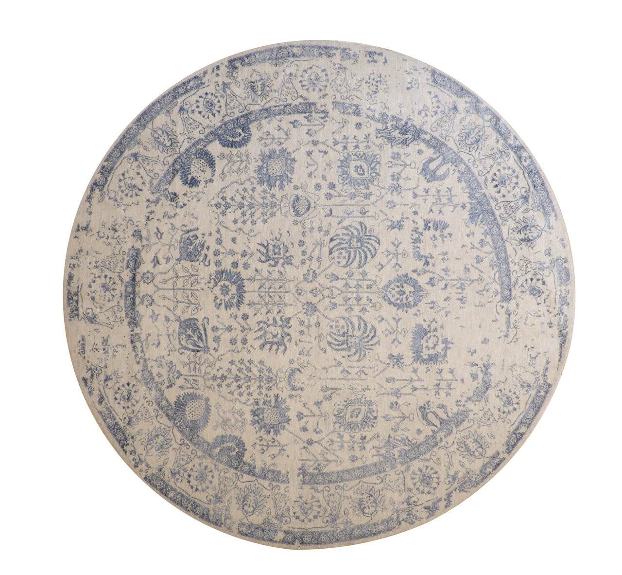 Transitional Abstract Broken Design hand-knotted wool-silk rug in Blue & White, full view