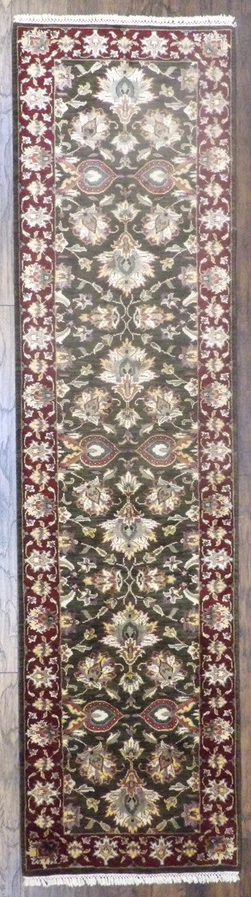 Jaipur silky wash Kashan hand-knotted wool-silk runner in green and red, full view