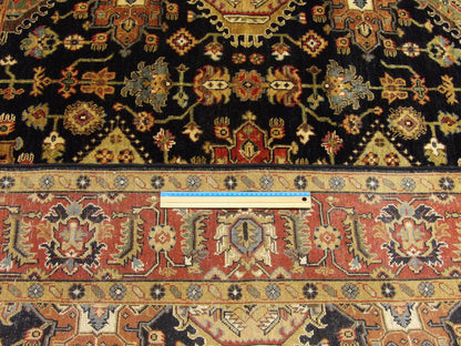 Full room view of 6x6 Sherapi hand-knotted wool rug, brown and blue colorway