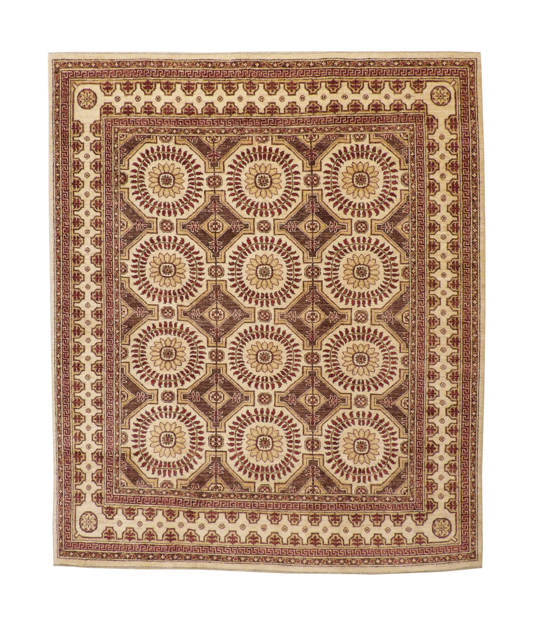 Traditional Khotan Peshawar hand-knotted wool rug in Brown, full view