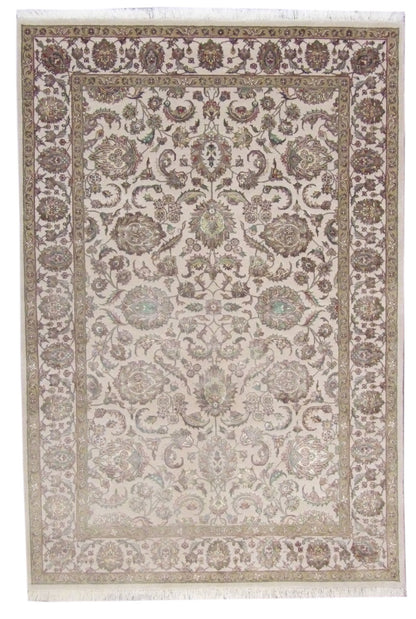 Fine Transitional Jaipur Floral Design hand-knotted wool-silk rug in Ivory, full view